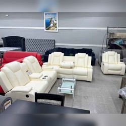 3 Pieces White Color Breathing Leather Recliner Sofa Set