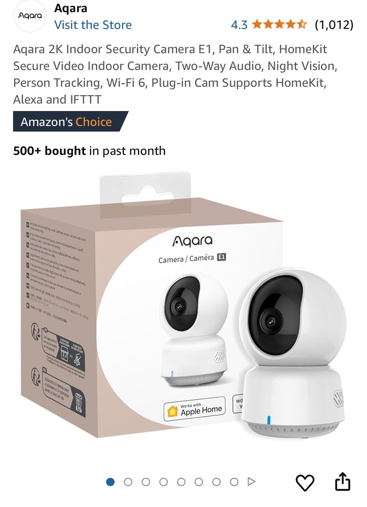 Aqara 2K Indoor Security Camera E1, Pan & Tilt, HomeKit Secure Video Indoor Camera, Two-Way Audio, Night Vision, Person Tracking, Wi-Fi 6, Plug-in Cam