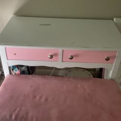 White Desk With Pink Drawers, And Bench