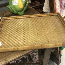 VINTAGE MID CENTURY WICKER OR RATTAN TRAY UNDER GLASS