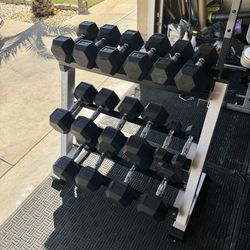 Dumbbells rubber hex 5-45lbs weights 430lbs total plus rack