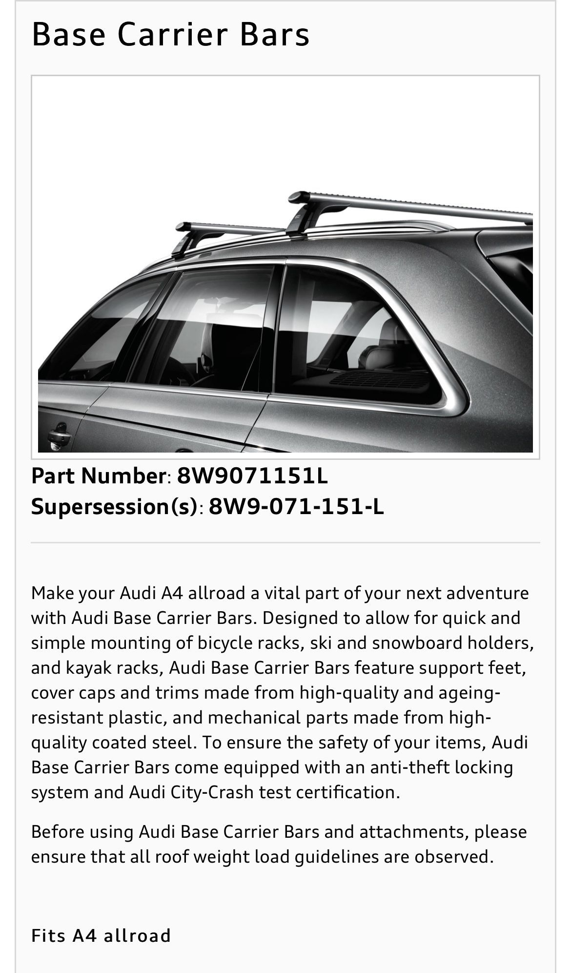 Car Audi A4 Base Carrier Bars Thule Roof Bars Audi A4 Avant Q7