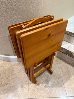 Vintage Real Wood 4 Folding TV Trays With Stand
