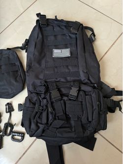 Black Tactical Assault Backpack Appears To Be a 40-50L Capacity, Extra Heavy Duty.