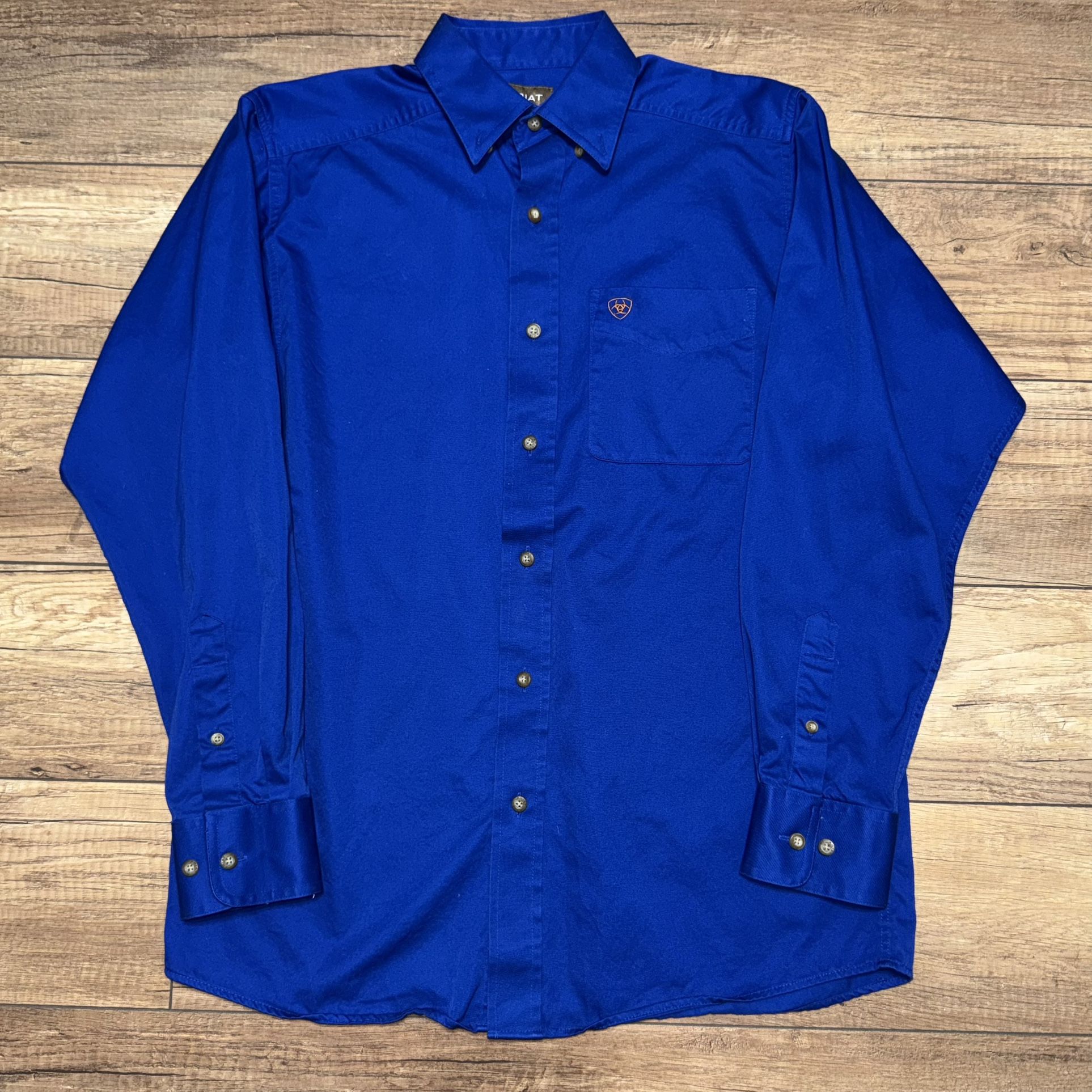 ARIAT Western Rodeo Royal Blue Embroidered Logo Button Down Shirt Mens Small
