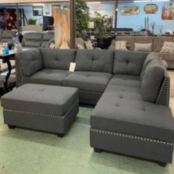 Brand New🤗Sienna Gray Linen Sectional with Ottoman