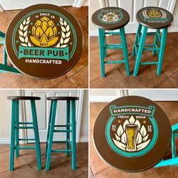Hand Painted Wooden Bar Stools- Turquoise/Brown