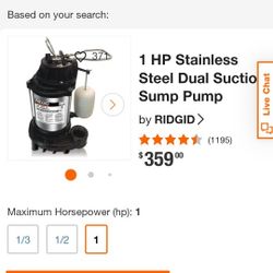 Ridgid 1hp Stainless Sump Pump