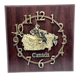 Canada Map Souvenir Wall Clock Wooden Gold Tone Plaque Working 8x8"