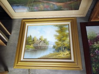 Beautiful Landscape Painting Cabin on Lake Waterfall Trees 27.5" x 23.75" wide Framed