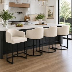 Set of 4 Modern Beige Linen Counter Height Bar Stools – Upholstered