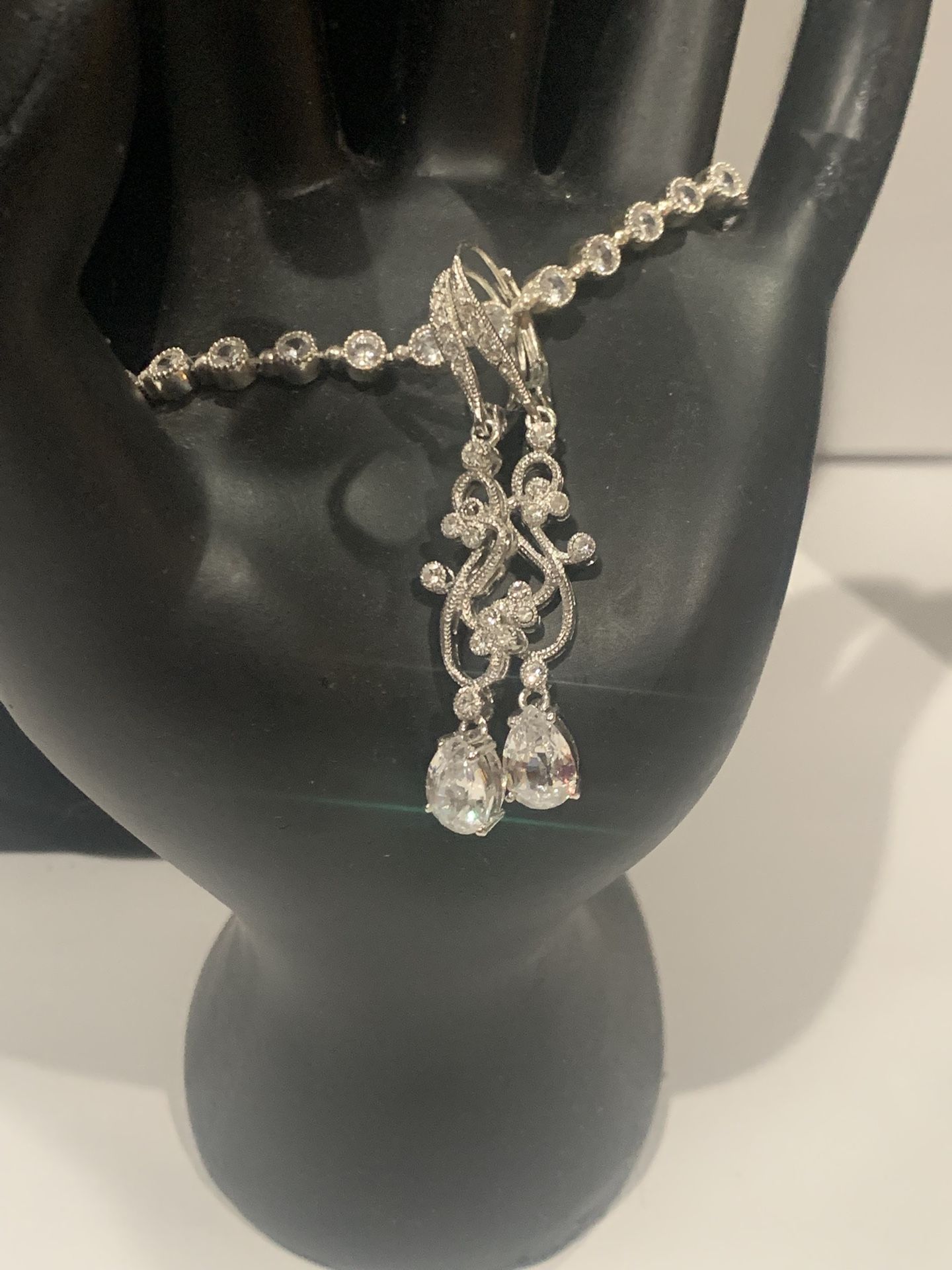 Silver Tone And Crystal Earrings And Bracelet