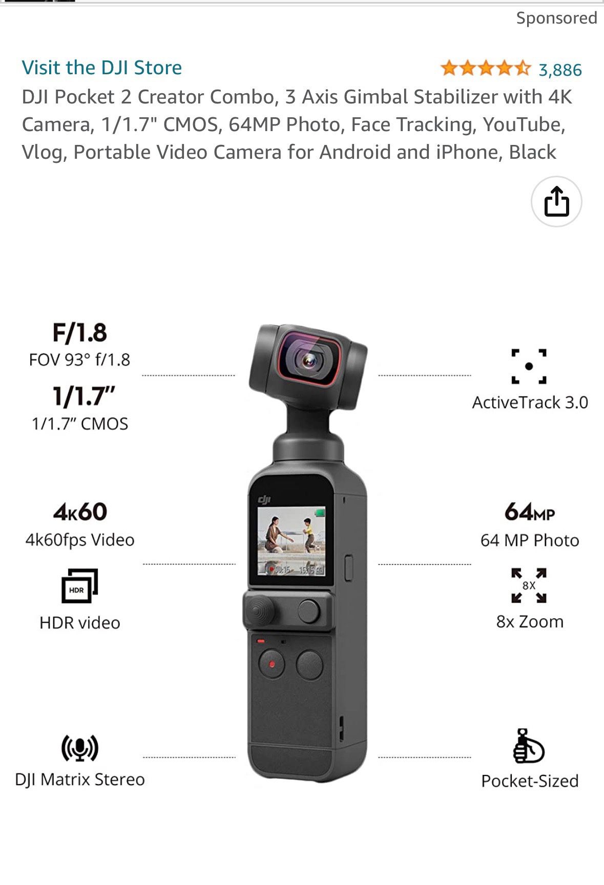 DJI Pocket 2 Creator Combo, 3 Axis Gimbal Stabilizer with 4K Camera, 1/1.7  CMOS, 64MP Photo, Face Tracking, , Vlog, Portable Video Camera for