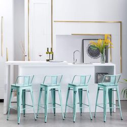 Metal Bar Stools Set of 4 Counter Height Stools with Backs Industrial Barstools (26", Distressed Mint Green Wood Top Low Back)