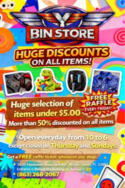 Free raffle ticket at YBin store when you shop. Nothing over $7.00