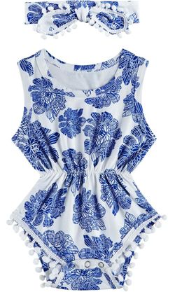 Blue & White Floral Baby Romper with Matching Headband (3–6 Months) – Worn Once