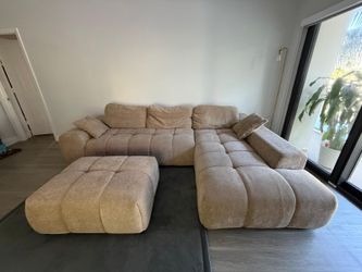 Beige Coaster Sectional Sofa with Ottoman