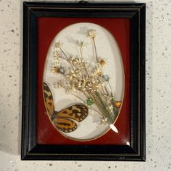 Vintage Convex Bubble Glass Butterfly Shadowbox with Dried Flowers