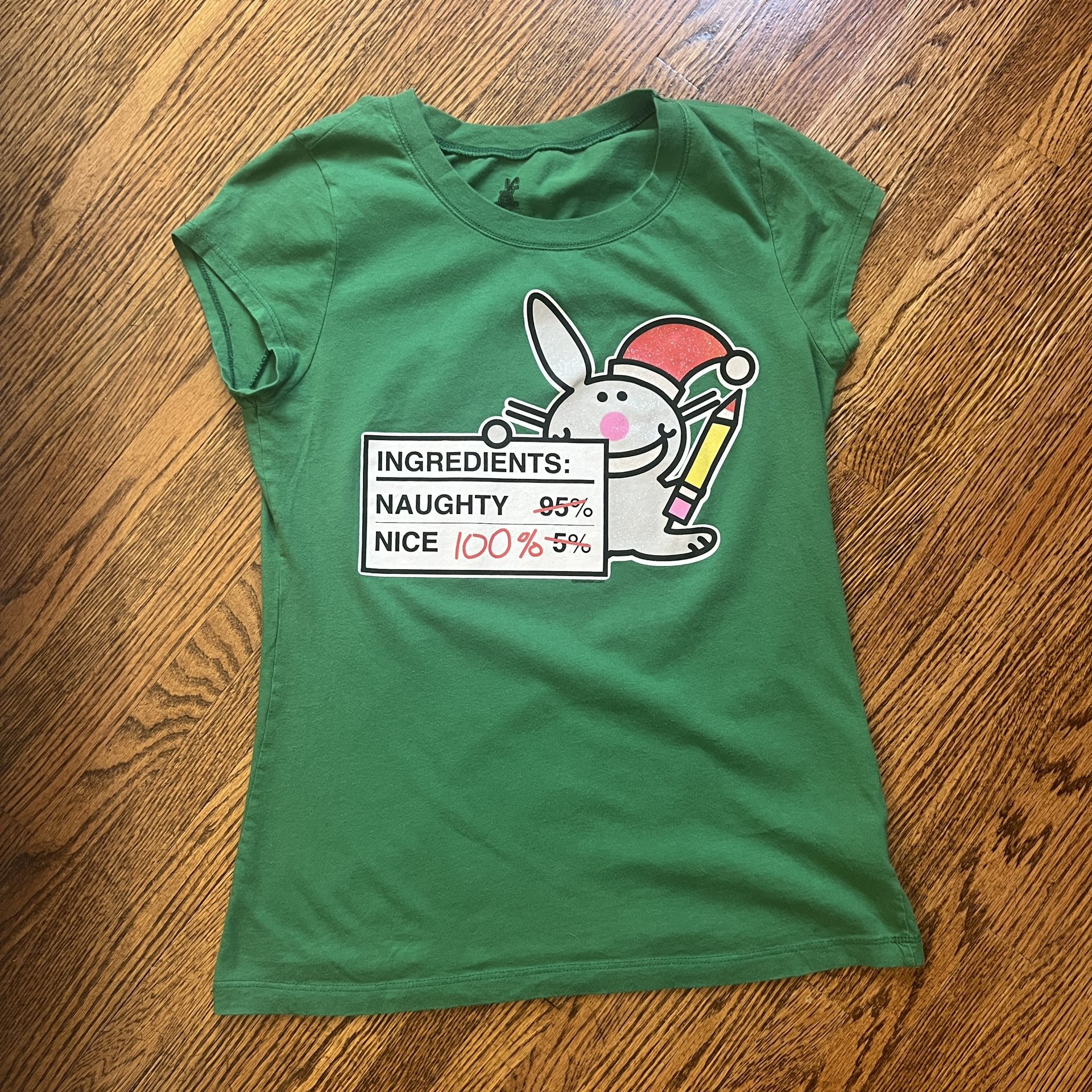 Happy Bunny Christmas Tee Shirt in green - Y2K Sz 11/13 L Juniors