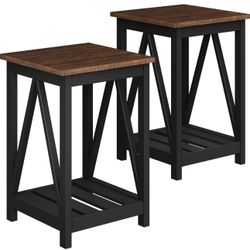 ChooChoo Farmhouse End Table, Rustic Vintage End Side Table with Storage Shelf for Small Spaces, Nightstand Sofa Table for Living Room, Bedroom Black 