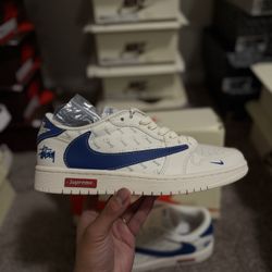 Size 10.5 Stylish Blue And White Supremeeee And Nikeee Travis Scottt Collabsss :3