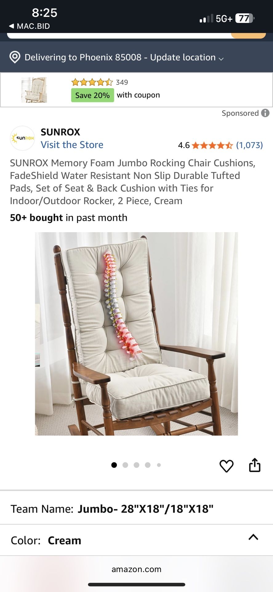 Sunrox Memory Foam Rocking Chair Cushion In Cream Color