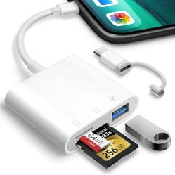 SD Card Reader for iPhone iPad Trail Camera Viewer 3-in-1 SD Adapter with Dual Slots & USB Port, Memory Card Adapter Dual-connector Design with Lighte