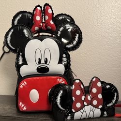 Loungefly Mickey and Minnie Mouse Balloons backpack, wallet and ears