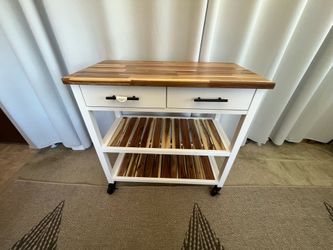 Assembled Seville Acacia Top Kitchen Cart with Drawers, shelves and wheels. See pictures.