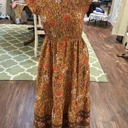 Hount Women’s Medium Orange Floral Pattern Flutter Sleeve Long Dress W/Pockets