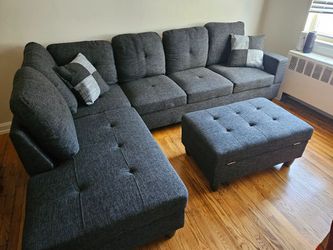 Free local delivery new in box black gray linen sectional with storage ottman and pillows