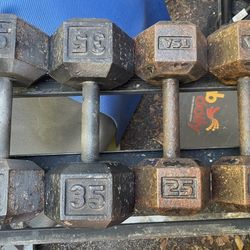 PAIRS OF 25 LB.   &  35 LB. STEEL HEX DUMBBELLS  = $120     •    Will Sell Separately 