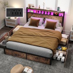 Full Size Bed Frame with 4 Storage Drawers and Headboard with Charging Station and LED Lights,2 Tier Solid Wood Headboard Storage,Noise Free, No Box S