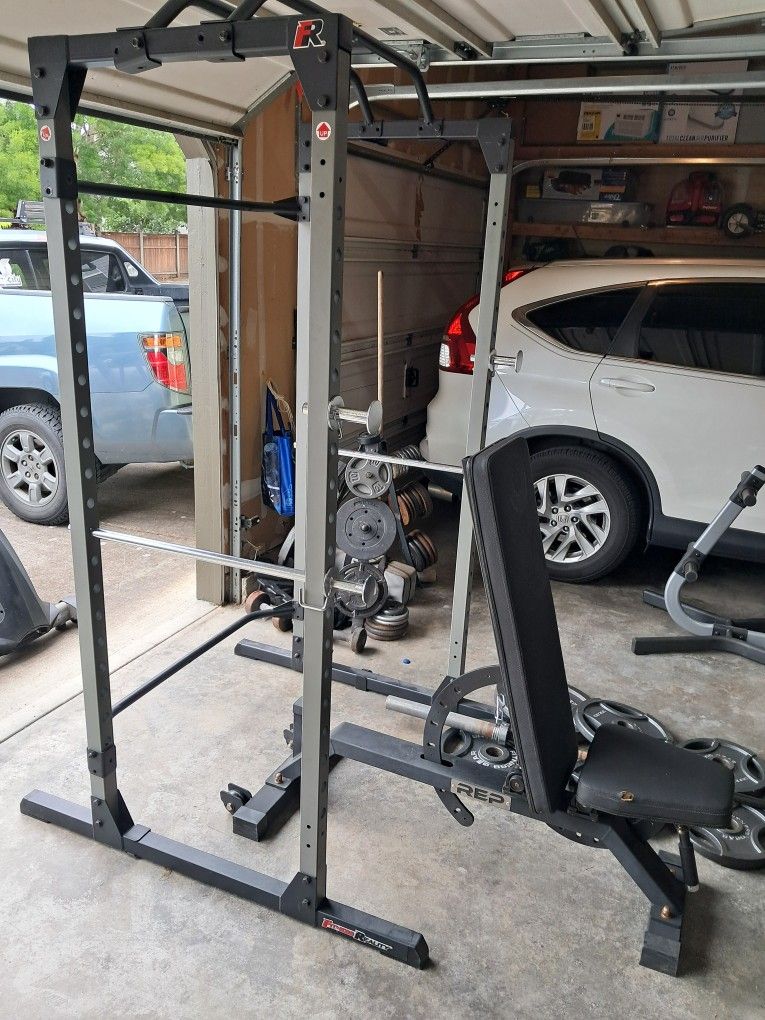 Home Gym / Full Squat Rack, Olympic Weights, Barbell, Workout Bench