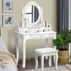 Makeup Vanity Table with Mirror and Stool, Girls Makeup Table with Round Mirror, 3 Drawers, Wood Legs, Cushioned Stool, Dressing Table Vanity Desk Set