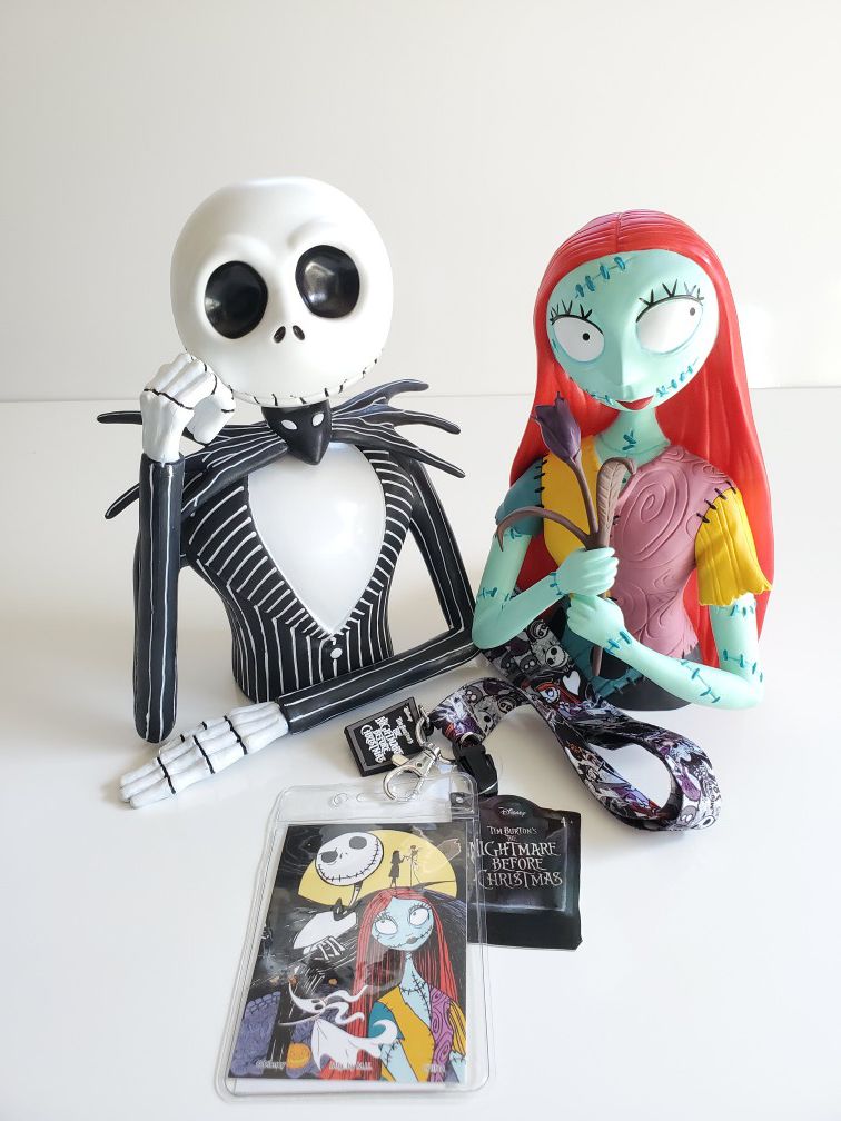The Nightmare Before Christmas Jack and Sally Bust Coin Piggy Bank with Free Lanyard