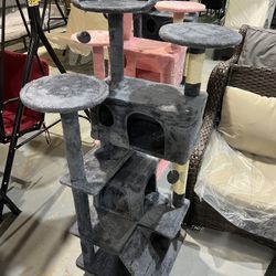 M-New 54in Cat Tree, Multi-Level Cat Tower with Spacious Kitten-ear Perch, 2 Cozy Caves, Scratching Posts, Climbing Ladder, 2 Plush Balls, Durable Pet