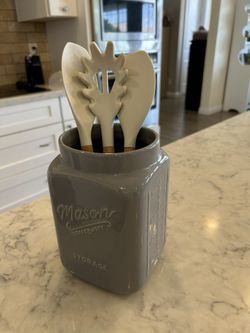 Gray Mason Utensil Canister With Spoons 10.00
