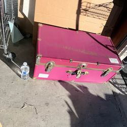 Vintage Pink Storage Trunk with Brass Hardware & Lock