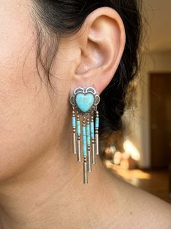 Vintage Southwestern Q.T. Sterling Silver Turquoise Heart Dangle Earrings