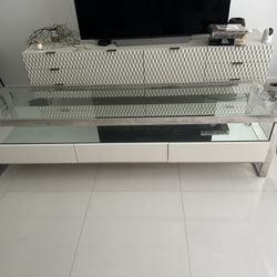 Modern Media Console - Polished Steel, White Lacquer, Glass / mirror