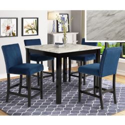 5 Piece Counter Height Dining Set Blue Velvet Chairs Faux Marble Table Top Brand New In Box Firm Price $470