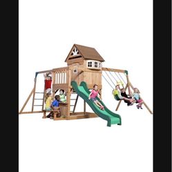Backyard Discovery Montpelier Cedar Wood Swing Set with Wave Slide,Clubhouse, Monkey Bars, Picnic Area, Snack Bar, Belt Swings, Trapeze, Balcony, Play