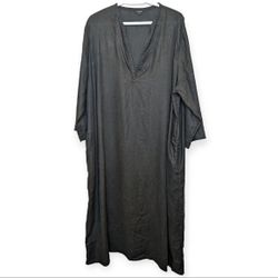 VIVID LINEN V-NECK MANDARIN COLLAR DRESS TUNIC BLACK Plus