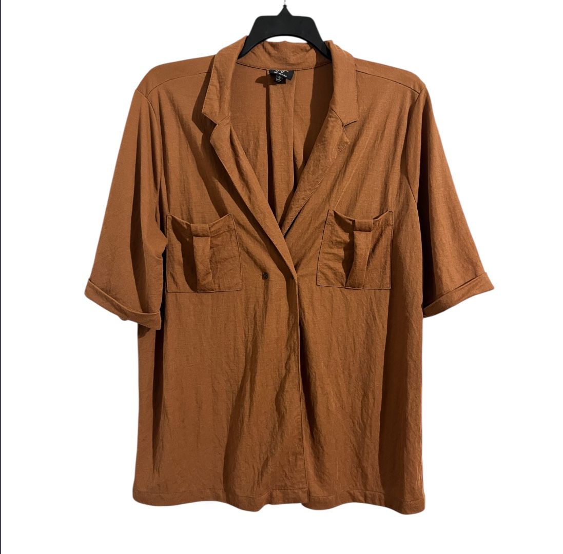 Crew Knit Wear Casual Top Brown Short Sleeve Women's XL Front Button with Pocket