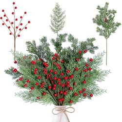 45 Pcs Artificial Pine Branches Fake Greenery Pine Picks with Pine Cones Artificial Red Berry Branches Christmas Pine Needles for DIY Wreath Xmas