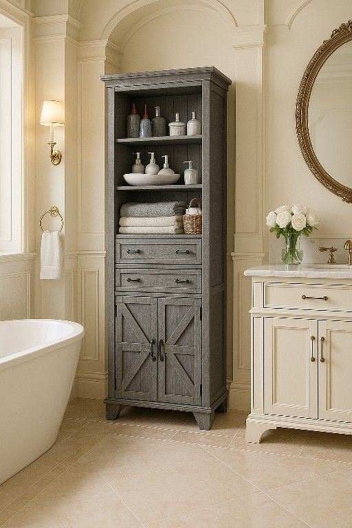 Bathroom Storage Cabinet, 72" Tall Farmhouse Storage Cabinet with 2 Drawers, Adjustable Shelves & Barn Door, Cabinet for Bathroom, Living Room, Kitche