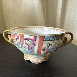 Antique Chinese Small Bouillon Cup with Two Handles - Children Playing