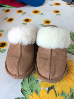 Tan Suede Slip-On Slippers with Faux Fur Cuff