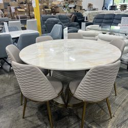 Round Marble Dining Table with 6 Chairs / Mesa de comedor redonda de mármol con 6 sillas